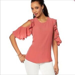 Eva Longoria Cold Shoulder Ruffle Sleeve Top